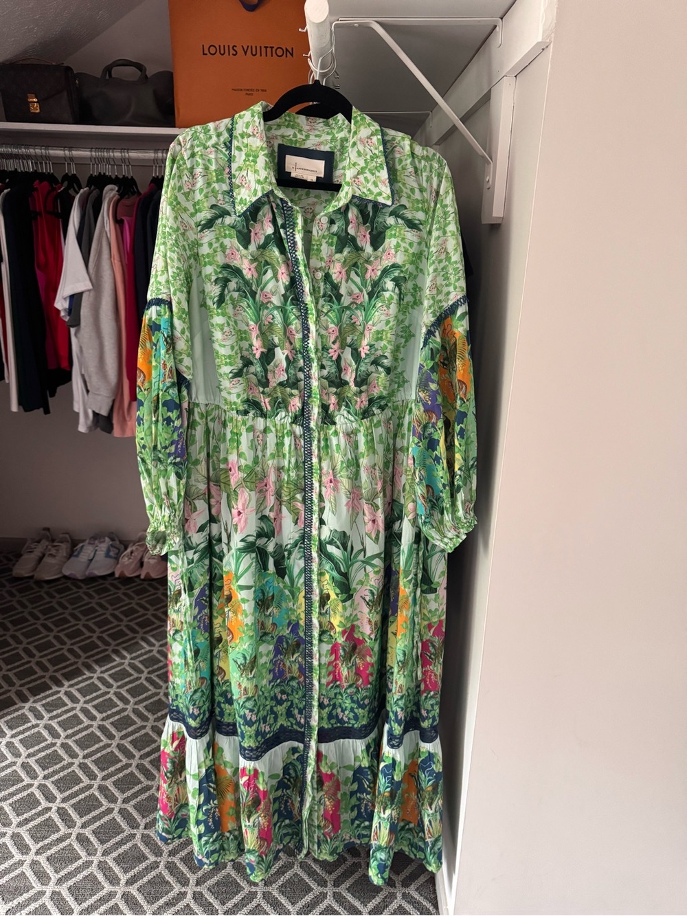 Anthropologie Long Sleeve Printed Maxi Shirt Dress Green 1X
